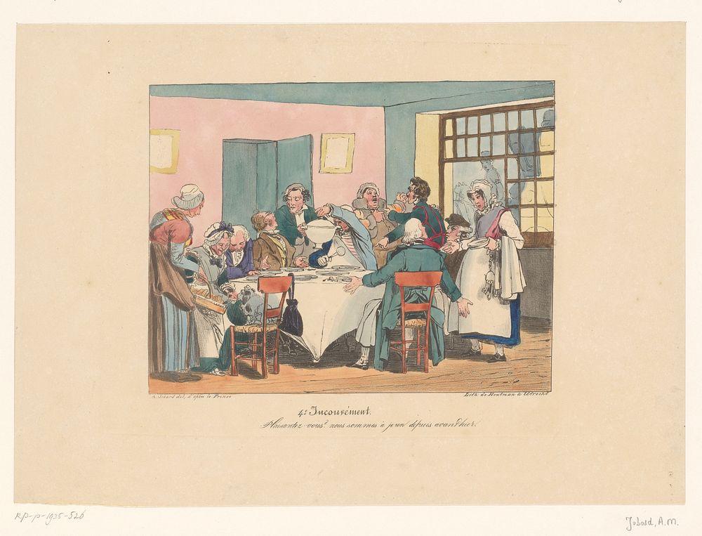 Gezelschap aan tafel aan het vasten (after 1826) by Joseph Ambroise Jobard, Auguste Xavier Leprince and Johannes Paulus…