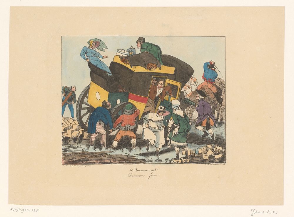 Omnibus met passagiers zit vast in de modder (after 1826) by Joseph Ambroise Jobard, Auguste Xavier Leprince and Johannes…