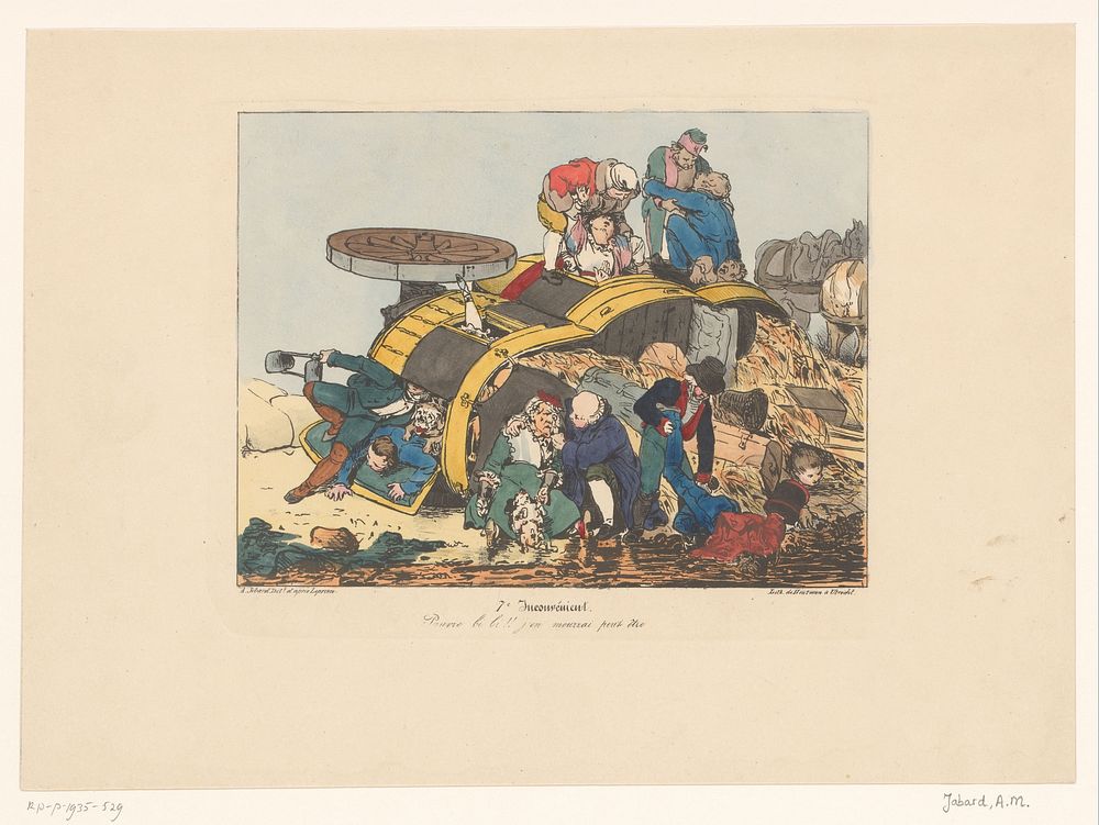 Gekantelde hooiwagen met passagiers (after 1826) by Joseph Ambroise Jobard, Auguste Xavier Leprince and Johannes Paulus…