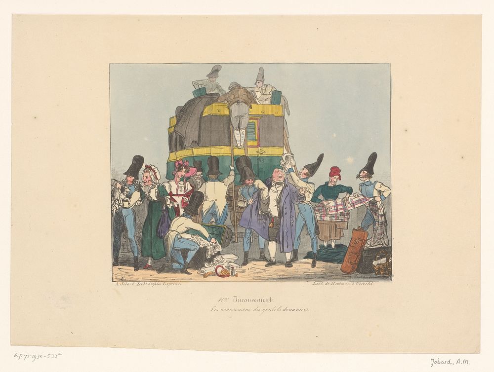 Douaniers inspecteren bezittingen van passagiers (after 1826) by Joseph Ambroise Jobard, Auguste Xavier Leprince and…
