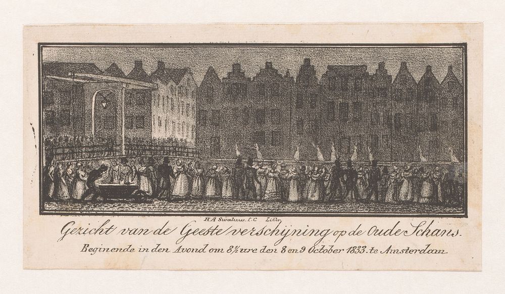 Toeschouwers kijken naar de geestenverschijning op de Oude Schans (1835 - 1839) by Hartog Abrahams Swaluw and Hartog…