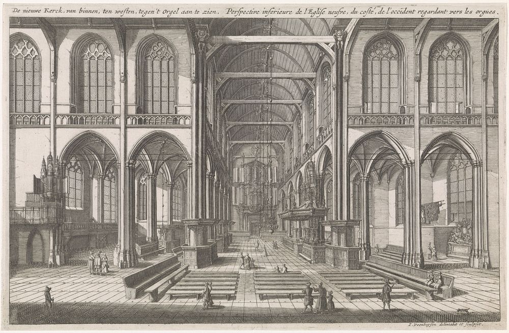 Interieur van de Nieuwe Kerk te Amsterdam, naar het westen gezien (1665) by Jan Veenhuysen, Jan Veenhuysen and Marcus…