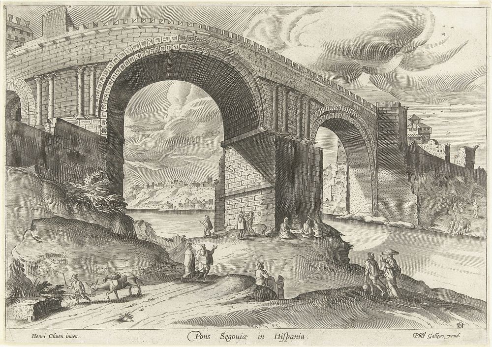 Gezicht op een brug van de stad Segovia (1585) by anonymous, Hendrick van Cleve and Philips Galle