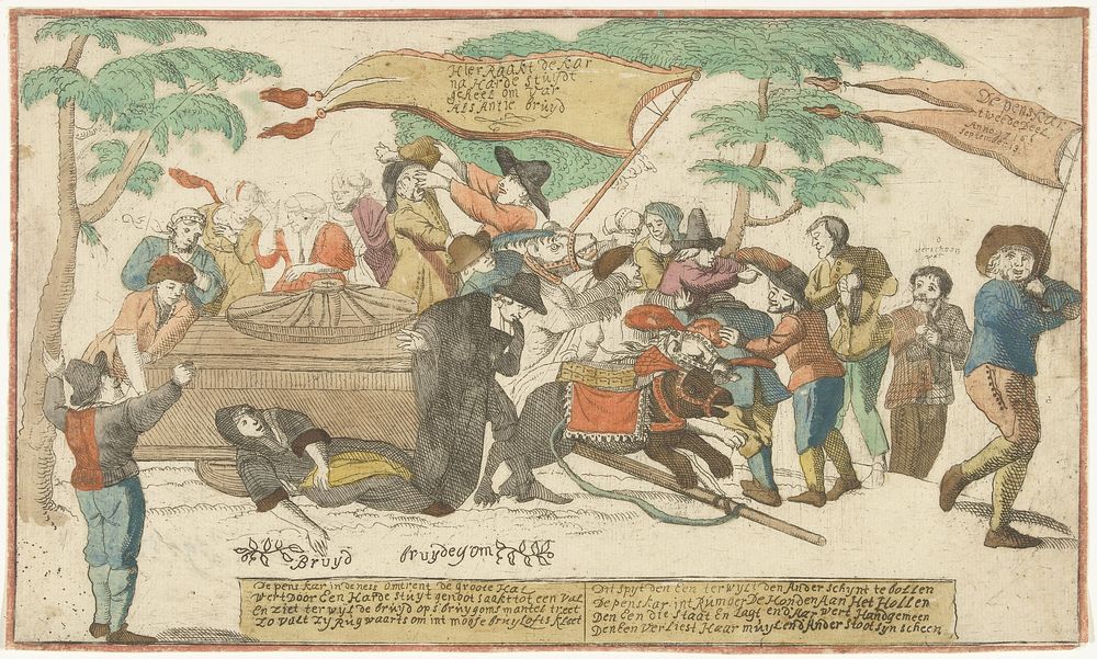 Het ongeluk van het bruidspaar in een hondenkar, 1716 (1716) by Jan de Ridder
