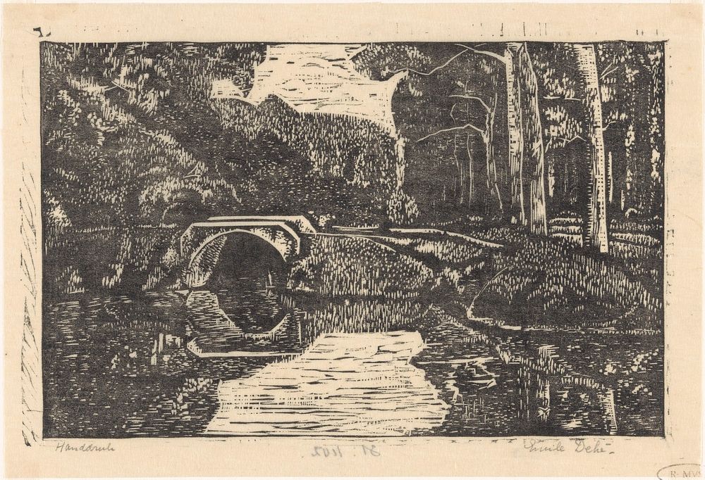 Brug over een gracht in een bos (1896 - 1931) by Emilius Wilhelmus Dehé and Emilius Wilhelmus Dehé