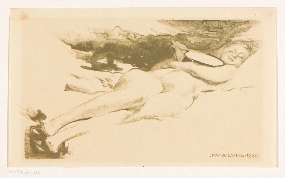 Liggende naakte vrouw met spiegel (1920) by Huib Luns