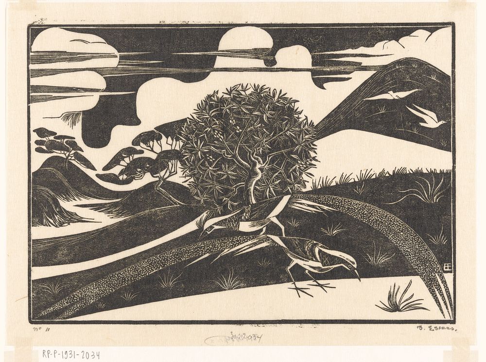 Twee fazanten in een heuvellandschap (c. 1925) by Bernard Essers