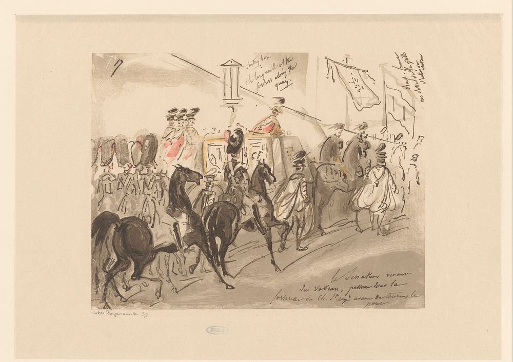 Soldaten begeleiden een koets (1800 - 1899) by Oskar Bangemann and Constantin Guys