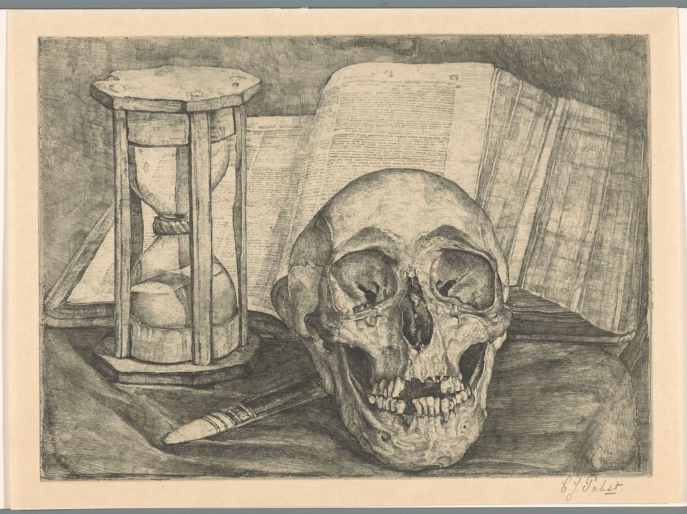 Stilleven met een schedel, een zandloper, een boek en een mes (1876 - 1931) by Corrie Pabst