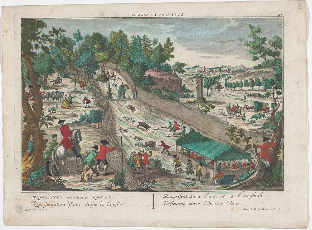 Gezicht op een wildezwijnenjacht (1742 - 1801) by Georg Balthasar Probst and anonymous