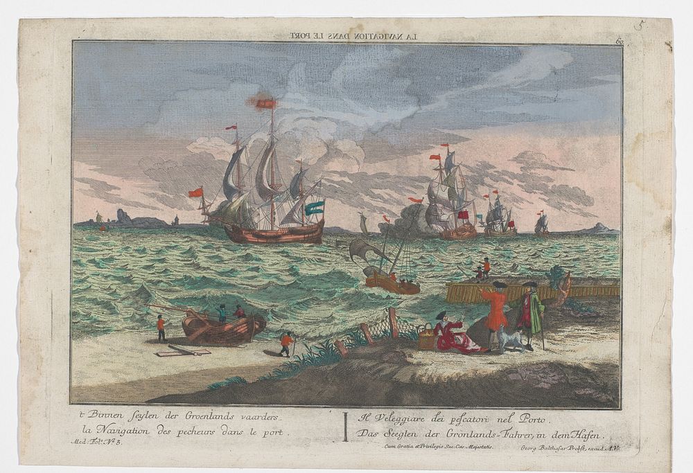Gezicht op het varen van de schepen in de haven (1742 - 1801) by Georg Balthasar Probst, anonymous, Adolf van der Laan…