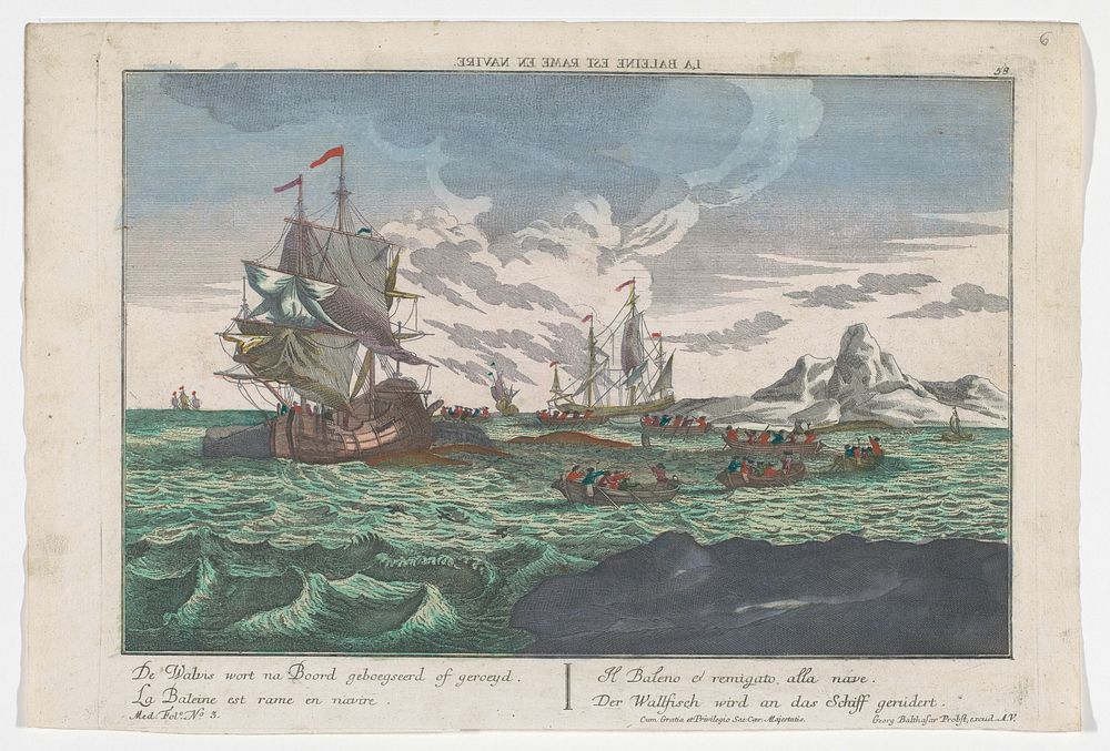 Gezicht op het roeien van de walvissen naar de schepen (1742 - 1801) by Georg Balthasar Probst, anonymous, Adolf van der…