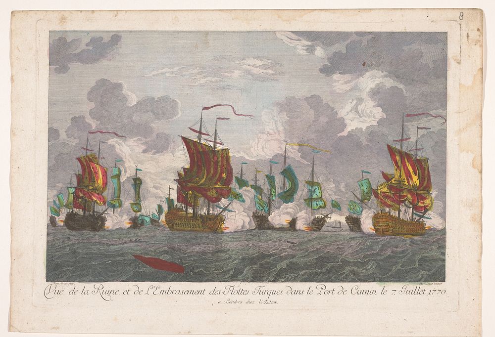 Gezicht op het afbranden van Turkse schepen in de haven van Cesme op 7 jui 1770 (1770 - 1799) by anonymous, Balthasar…