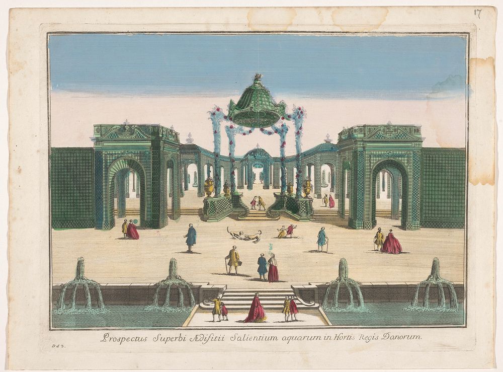 Gezicht op de pergola en de fonteinen van een tuin van de koning van Denemarken (1700 - 1799) by familie Remondini and…