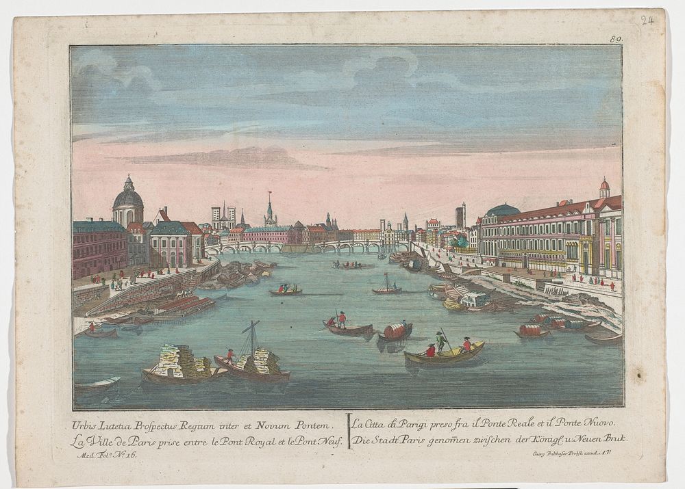 Gezicht op de rivier de Seine tussen de Pont Royal en de Pont Neuf te Parijs (1742 - 1801) by Georg Balthasar Probst…