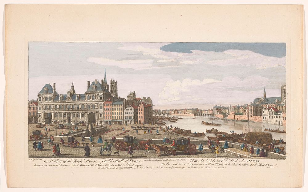 Gezicht op het Stadhuis en de rivier de Seine te Parijs (1749) by Robert Sayer, P Brookes, Paul Angier and Jacques Rigaud