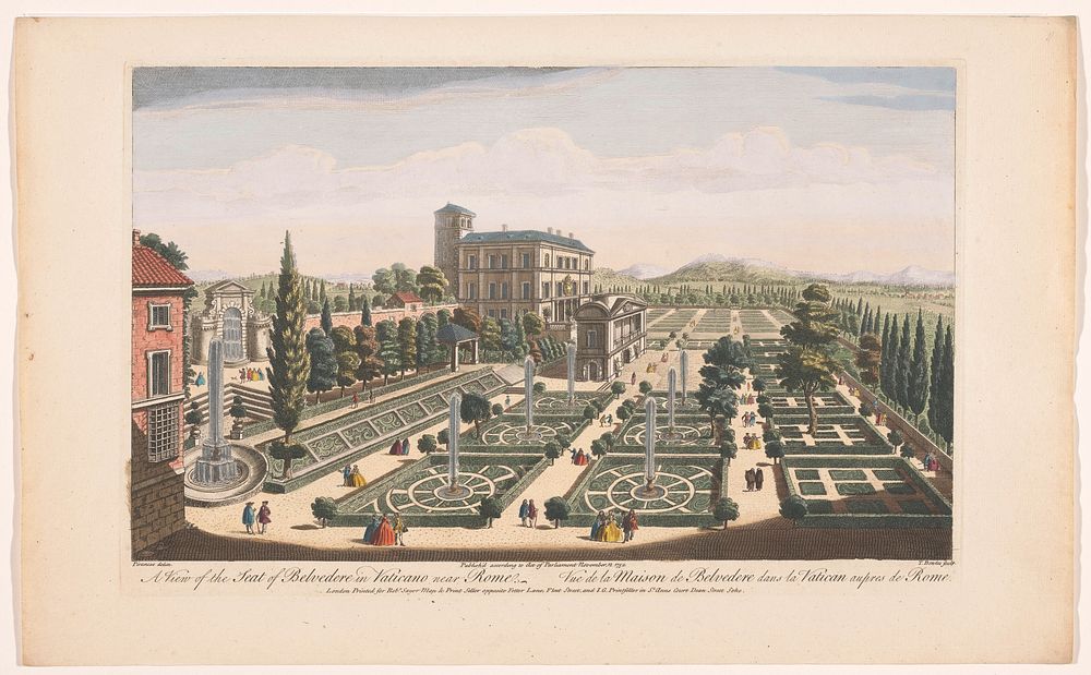 Gezicht op de Giardini Vaticani te Vaticaanstad (1750) by Robert Sayer, Monogrammist I G, Thomas Bowles II and Giovanni…
