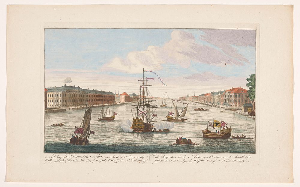 Gezicht op de rivier de Neva te Sint-Petersburg gezien vanaf de westzijde (1745 - 1794) by Robert Sayer and anonymous
