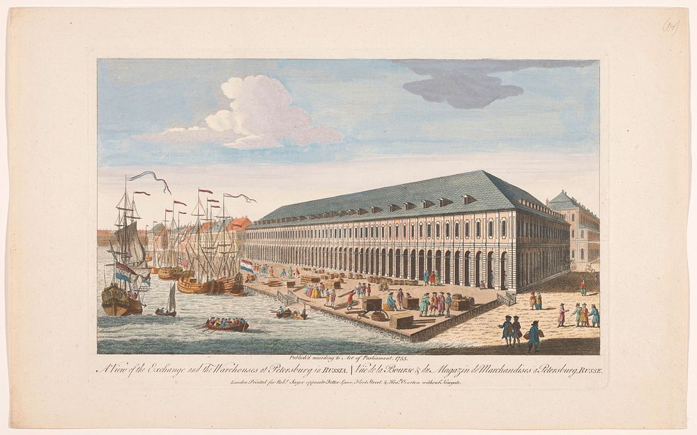 Gezicht op de Beurs en de goederenopslag te Sint-Petersburg (1755) by Robert Sayer, Henry Overton II and anonymous