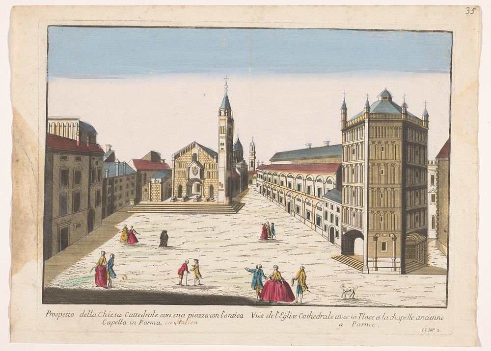 Gezicht op de Dom en het Baptisterium te Parma (1700 - 1799) by familie Remondini and anonymous