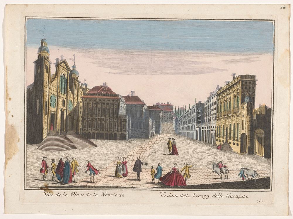 Gezicht op het Piazza della Nunziata te Genua (1700 - 1799) by familie Remondini and anonymous