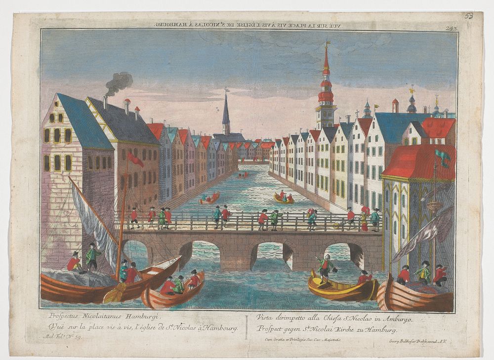 Gezicht op de Nikolaifleet tegenover de Sankt Nikolaikirche te Hamburg (1742 - 1801) by Georg Balthasar Probst, anonymous…