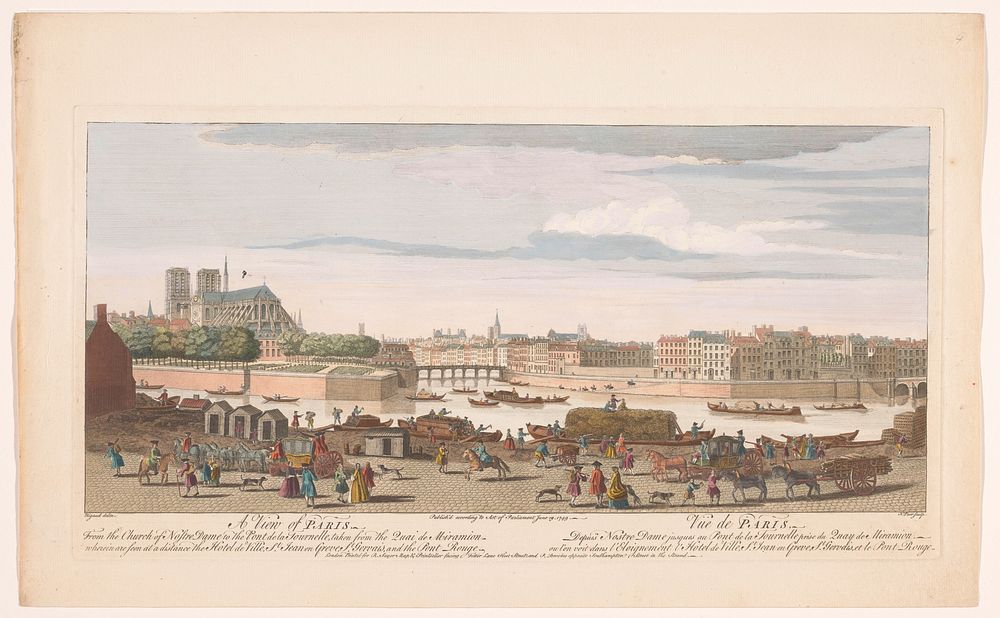Gezicht op de stad Parijs gezien vanaf de Quai de Miramion (1749) by Robert Sayer, P Brookes, Nathaniel Parr and Jacques…