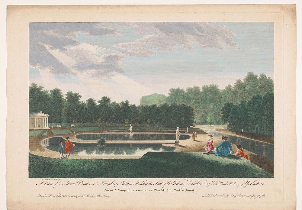 Gezicht op de Moon Pond en de Temple of Piety in Studley Royal Park te Yorkshire (1758) by Robert Sayer, A Walker and A…