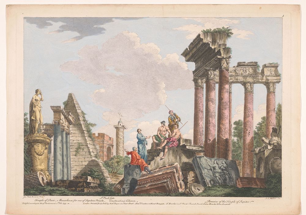 Gezicht op de ruïnes van de Piramide van Cestius, de Zuil van Constantijn en andere monumenten te Rome (1753) by Robert…