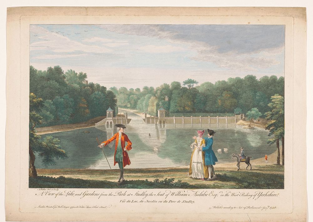 Gezicht op een meer in Studley Royal Park te Yorkshire (1758) by Robert Sayer, A Walker and A Walker