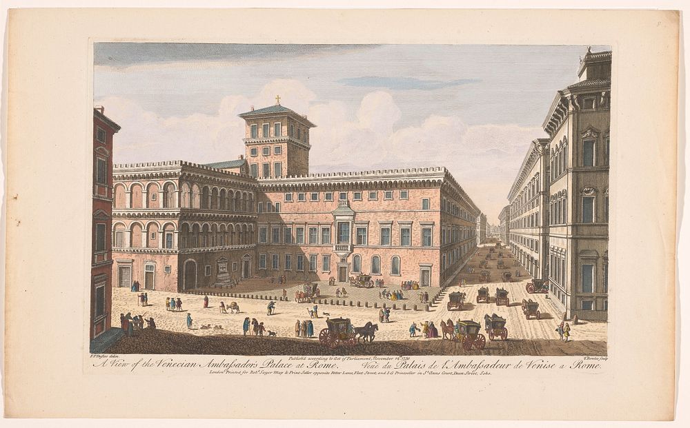 Gezicht op het Palazzo Venezia te Rome (1750) by Robert Sayer, Monogrammist I G, Thomas Bowles II and F P Duflos