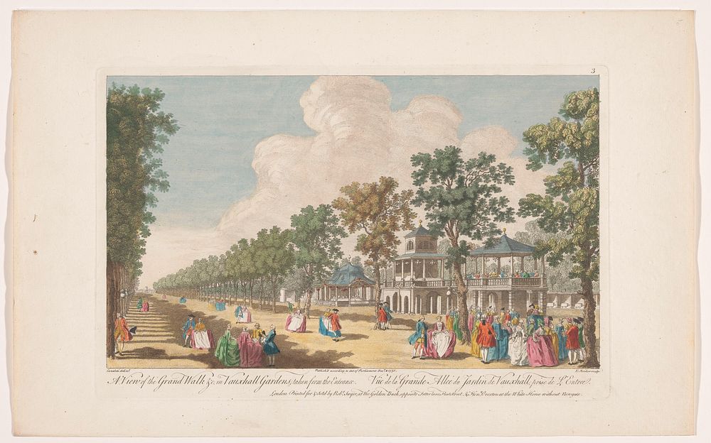 Gezicht op een laan in Vauxhall Gardens te Londen, gezien vanaf de entree (1751) by Robert Sayer, Henry Overton II, Edward…