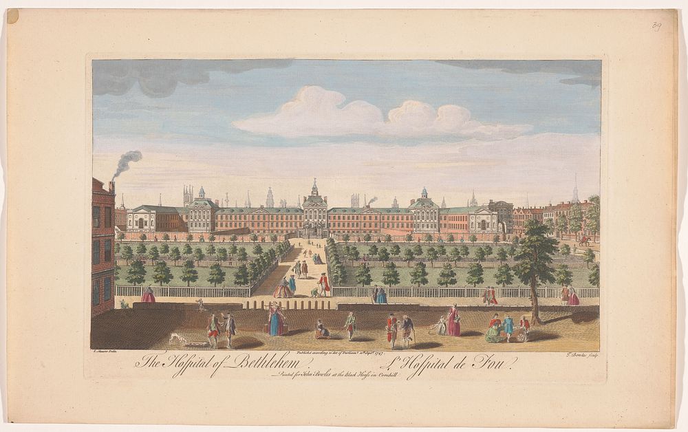 Gezicht op Bethlem Royal Hospital te Londen (1747) by John Bowles, Thomas Bowles II and Jacob Maurer