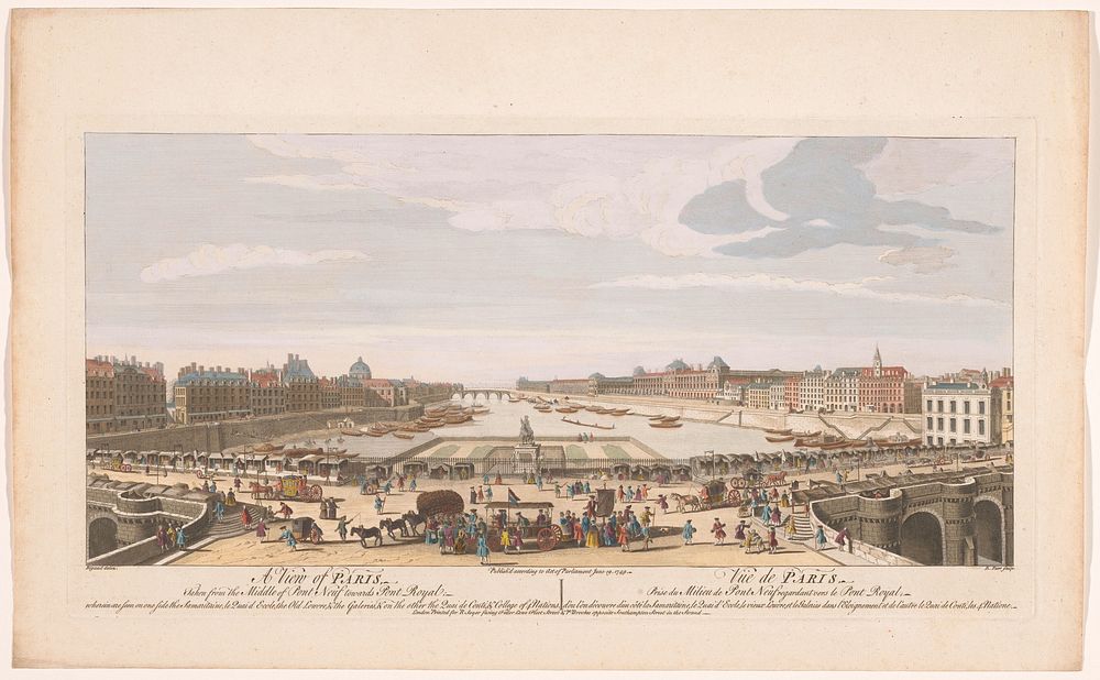 Gezicht op de Pont Neuf over de rivier de Seine te Parijs, gezien richting de Pont Royal (1749) by Robert Sayer, P Brookes…
