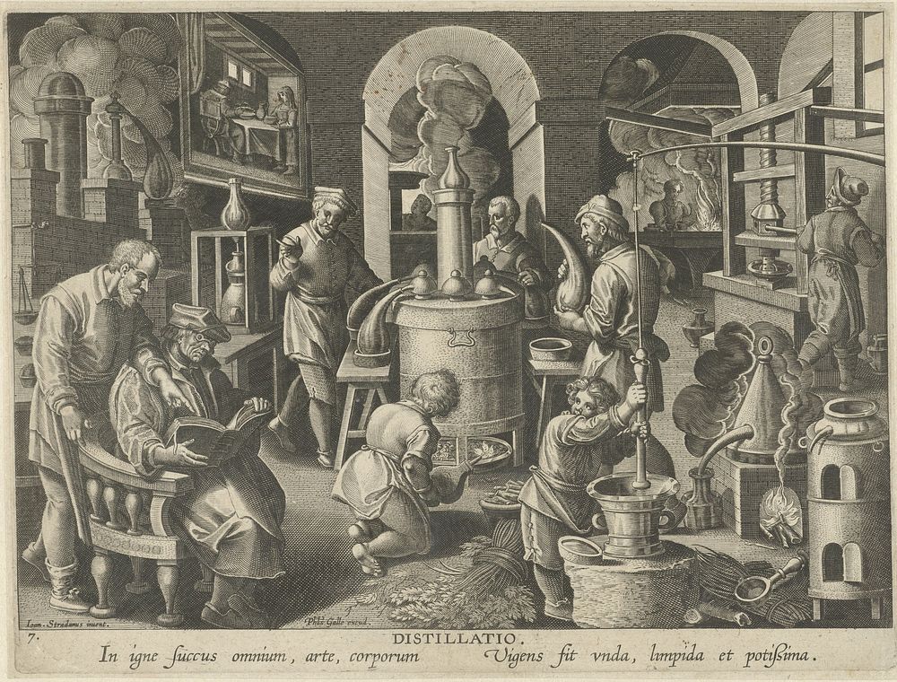 Distillatie (c. 1589 - c. 1593) by Philips Galle, Jan van der Straet and Philips Galle