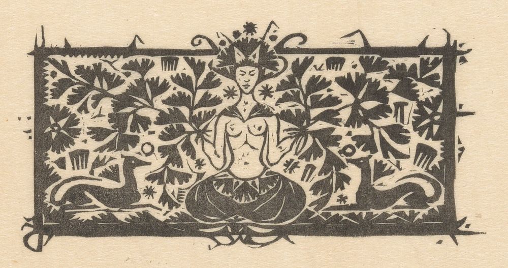 Titelhoofd met mediterende vrouw, venushaar en honden (1927) by Gerrit Willem Dijsselhof and Scheltema and Holkema