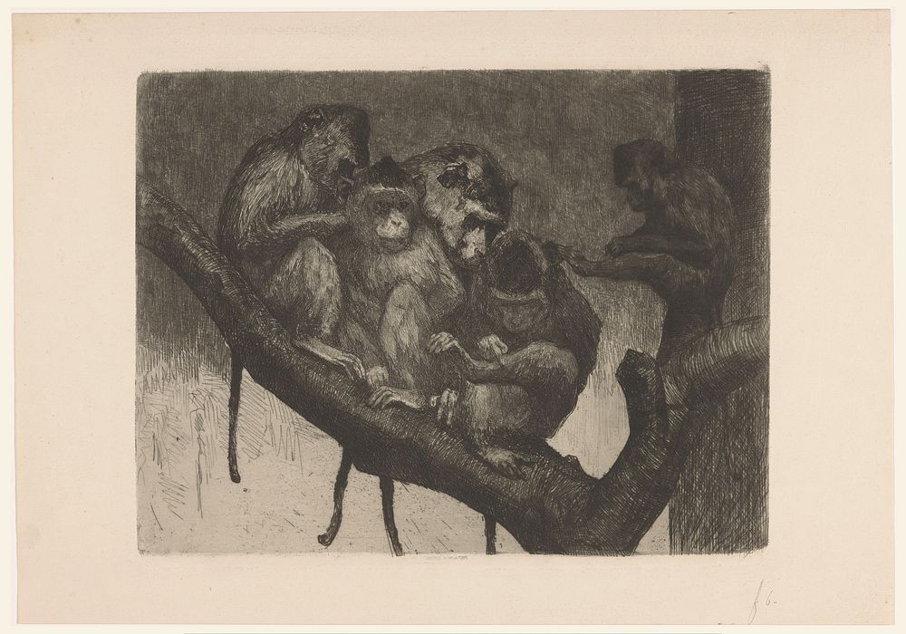 Vijf apen in een boom (1878 - 1888) by Heinrich M Krabbé