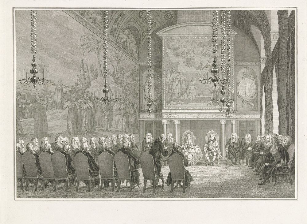 Willem V en Wilhelmina van Pruisen ontvangen door de raad, 1768 (1769 - 1773) by Reinier Vinkeles I and Reinier Vinkeles I