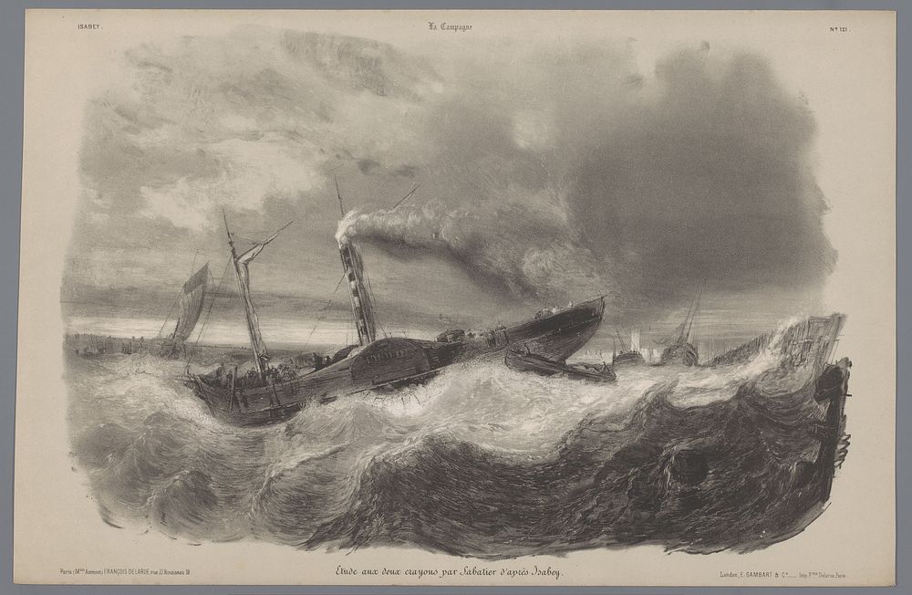 Raderstoomboot in de storm (1844 - 1845) by Léon Jean Baptiste Sabatier, Eugène Isabey, François Delarue, François Delarue…