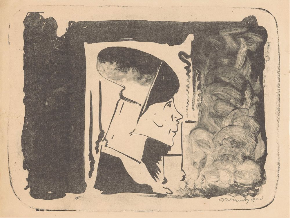 Fantasie: profielkop naar rechts in een witte rechthoek, omgeven door zwart (rechtsonder is het zwart gewassen) (1920) by…