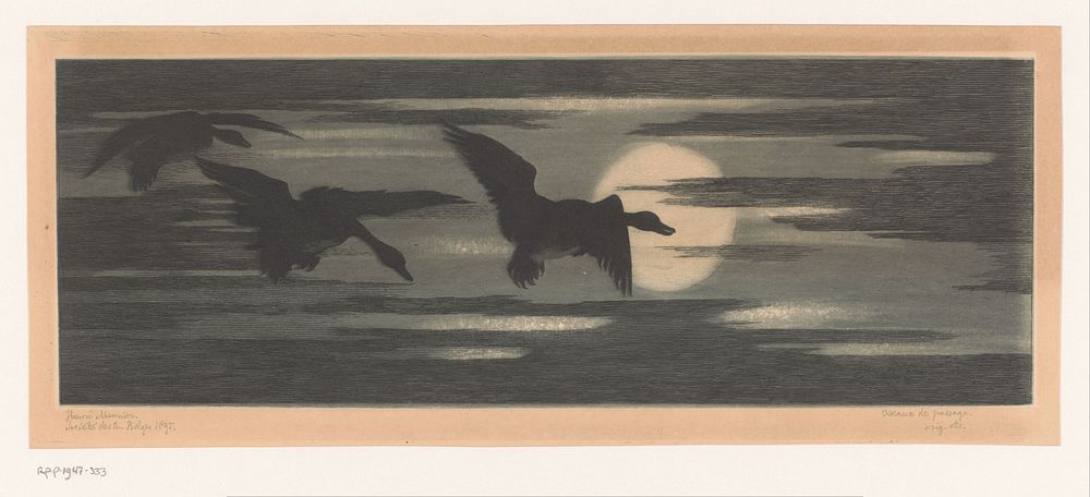 Drie eenden trekkend langs de ondergaande zon (1895) by Marc Henry Meunier