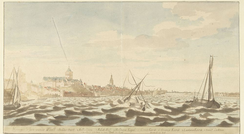 Gezicht op Nijmegen vanaf de Waal (1650 - 1715) by Martinus Berkenboom