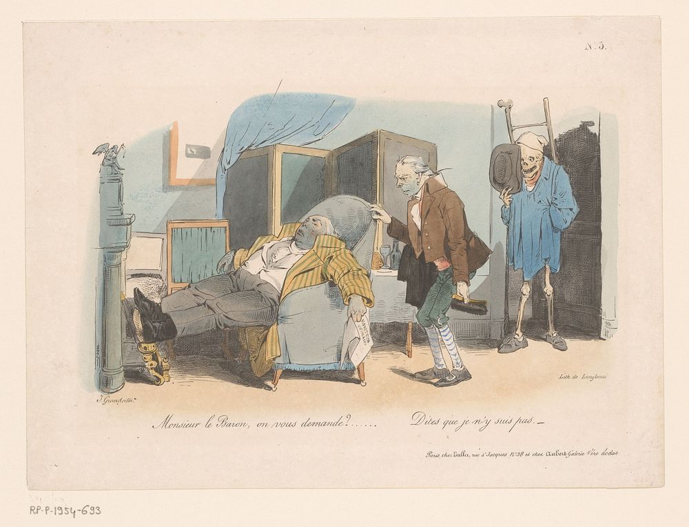 Baron wordt gehaald door een doodgraver en de Dood (1830) by Jean Ignace Isidore Gérard Grandville, Pierre Langlumé…