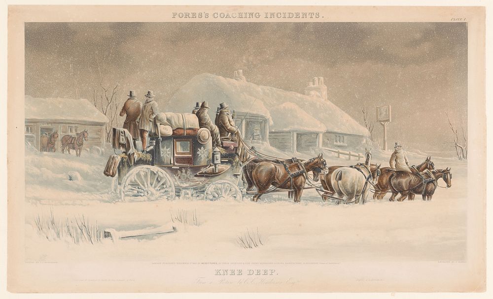 Koets met zes paarden in de sneeuw in een winterlandschap (1838 - 1883) by John Harris, Charles Cooper Henderson and George…