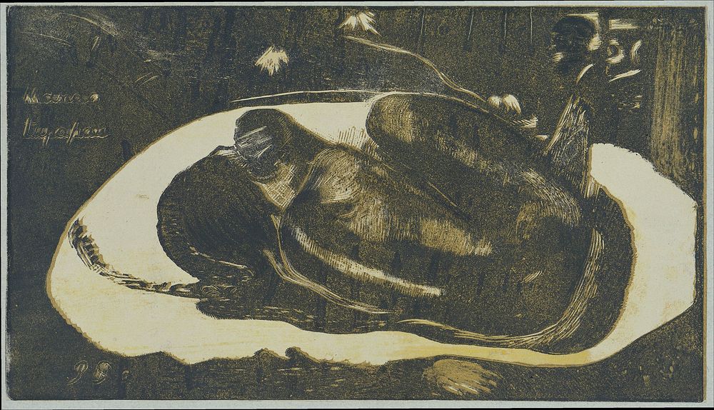 Liggend meisje bang voor geesten van overledenen (1894) by Paul Gauguin and Louis Roy