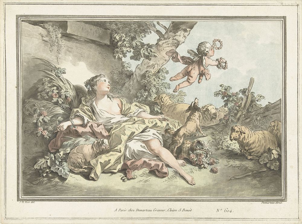 Herderin met wegvliegende Amor (1760 - 1802) by Gilles Antoine Demarteau, Jean Baptiste Huet le vieux and Gilles Antoine…