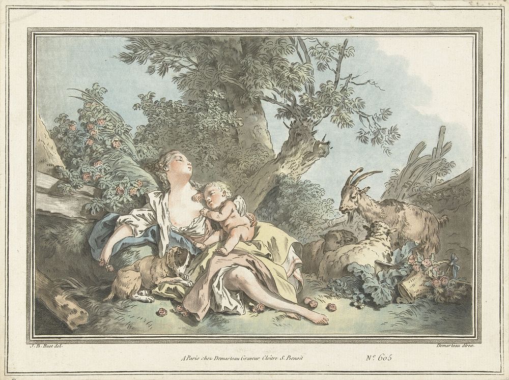 Slapende herderin en slapende Amor (1760 - 1802) by Gilles Antoine Demarteau, Jean Baptiste Huet le vieux and Gilles Antoine…