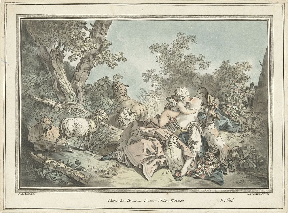 Herderin omhelst door Amor (1760 - 1802) by Gilles Antoine Demarteau, Jean Baptiste Huet le vieux and Gilles Antoine…