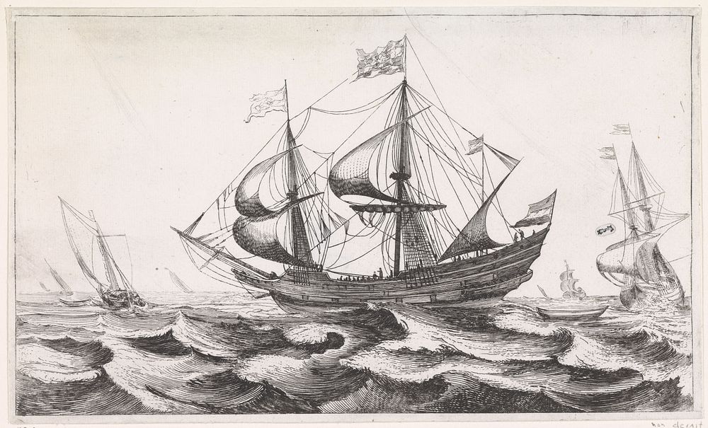Driemaster op zee varend naar links (1603 - 1641) by Jan van de Velde II and Cornelis Claesz van Wieringen