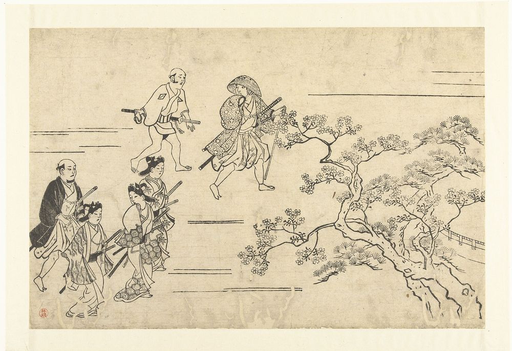 Vijf edellieden en een dienaar op weg naar een picknick (1673 - 1677) by Hishikawa Moronobu